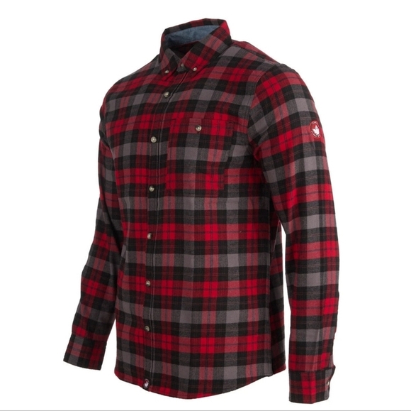 Canada Weather Gear Mens Flannel Button-Down Chambray Lined Collar Red/Black/Gra - Picture 1 of 9